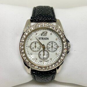 Strada silver tone quartz analog watch 40mm rhinestones mop dial running